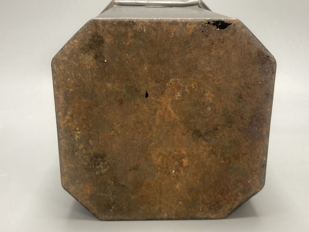 A 19th century toleware octagonal tea canister, J. Newman, Dublin, painted with flowers and Chinese script, 36cm